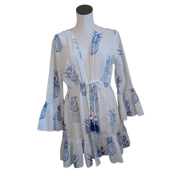 blue island Other - Blue Island Swim Cover Up Pineapple Print White Blue Tassel Tie Womens Large